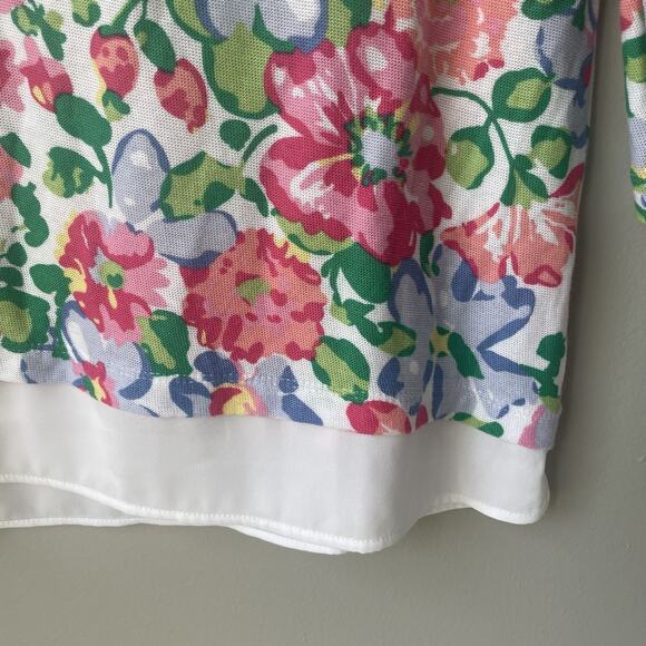 Talbots Floral Chiffon Hem Top Sweater Sz Small Petite 3/4 Sleeve Cotton Rayon - Picture 6 of 6